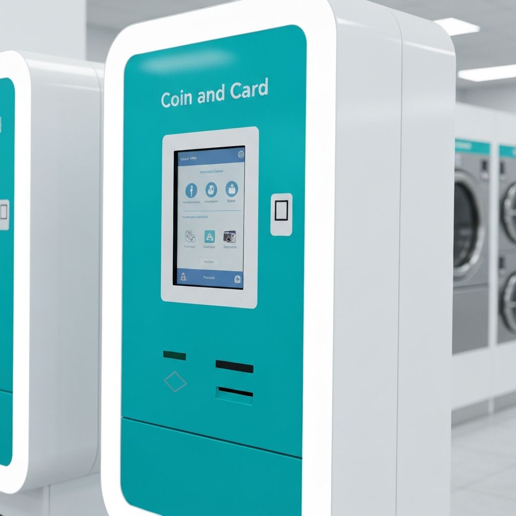 Modern payment kiosk and clean laundromat environment at Tamborine Tumbler