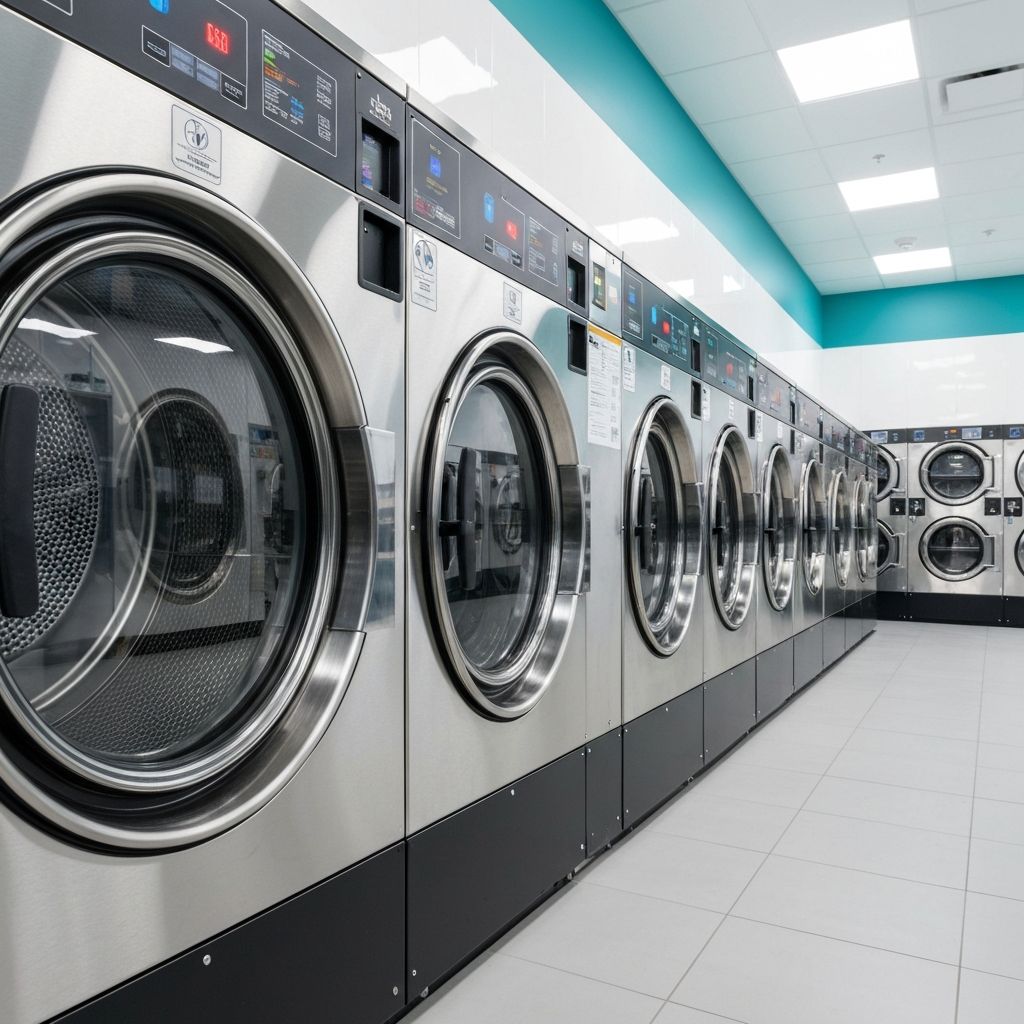 Row of large-capacity commercial front-load washing machines at Tamborine Tumbler Laundromat